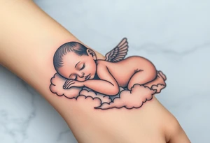 Sleeping Winged baby, laying on the clouds tattoo idea