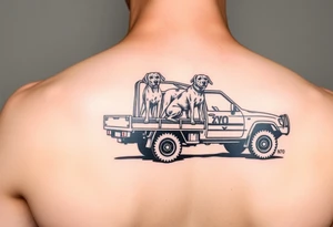 N70 toyota hilux hunting car with dogs standing on the back of the tray tattoo idea