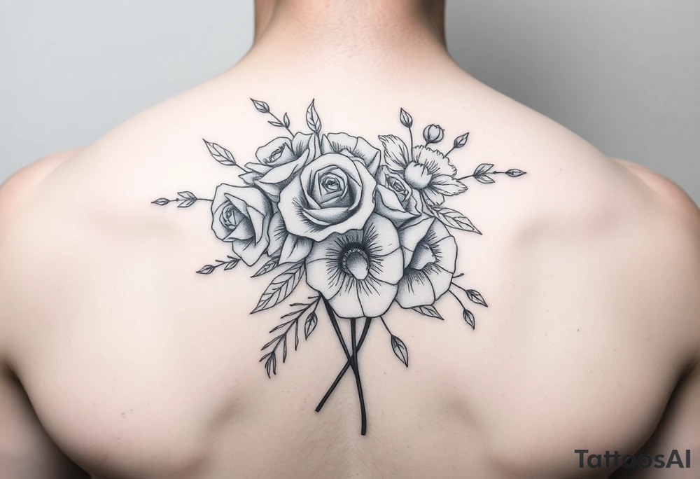 vintage bouquet of wild roses and meadow flowers with morning dew tattoo idea