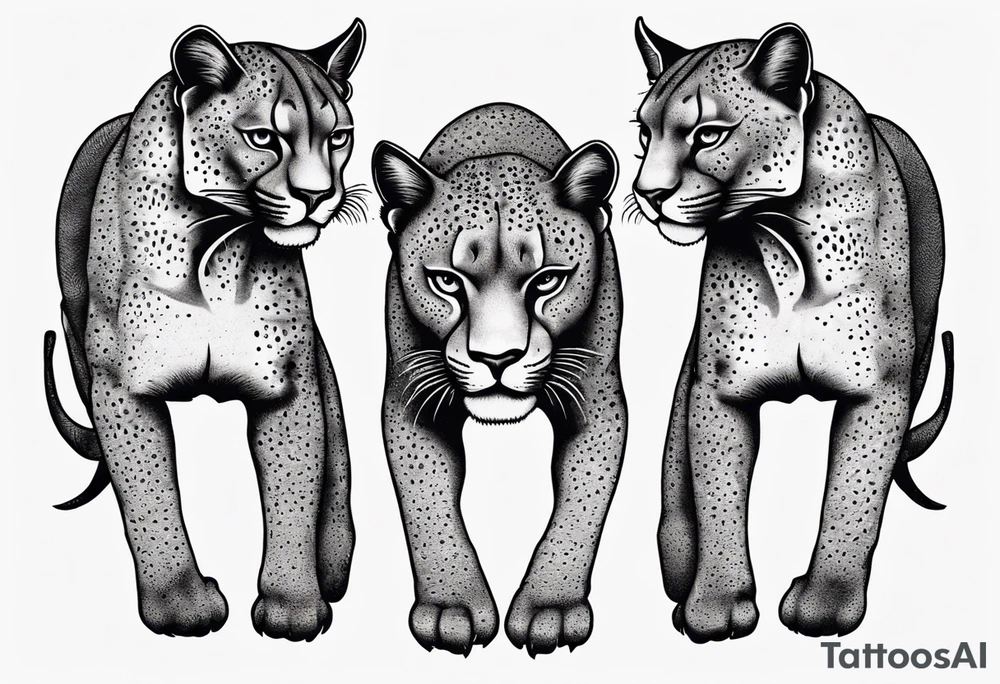 Generate a tattoo concept with two black pumas flanking a central element. Position the pumas side by side, facing outward, mirroring each other's stance. tattoo idea