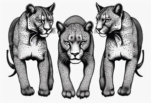 Generate a tattoo concept with two black pumas flanking a central element. Position the pumas side by side, facing outward, mirroring each other's stance. tattoo idea