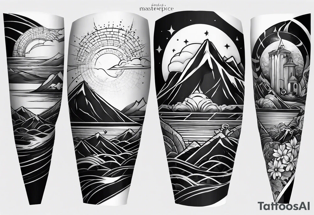 From left shoulder to forearm sleeve tattoo. Fine line geometric, concept design tattoo, ocean thunder fire nature, scale of justice tattoo idea