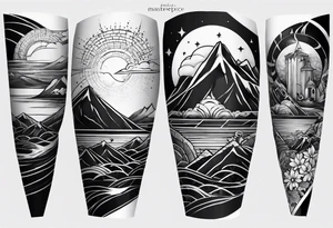 From left shoulder to forearm sleeve tattoo. Fine line geometric, concept design tattoo, ocean thunder fire nature, scale of justice tattoo idea