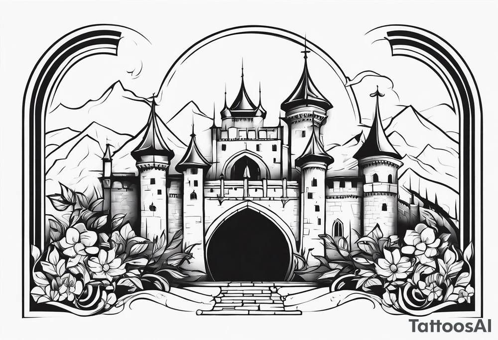 medieval tribal city gate floral land vignette tattoo idea
