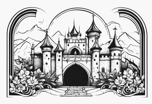 medieval tribal city gate floral  land  vignette tattoo idea