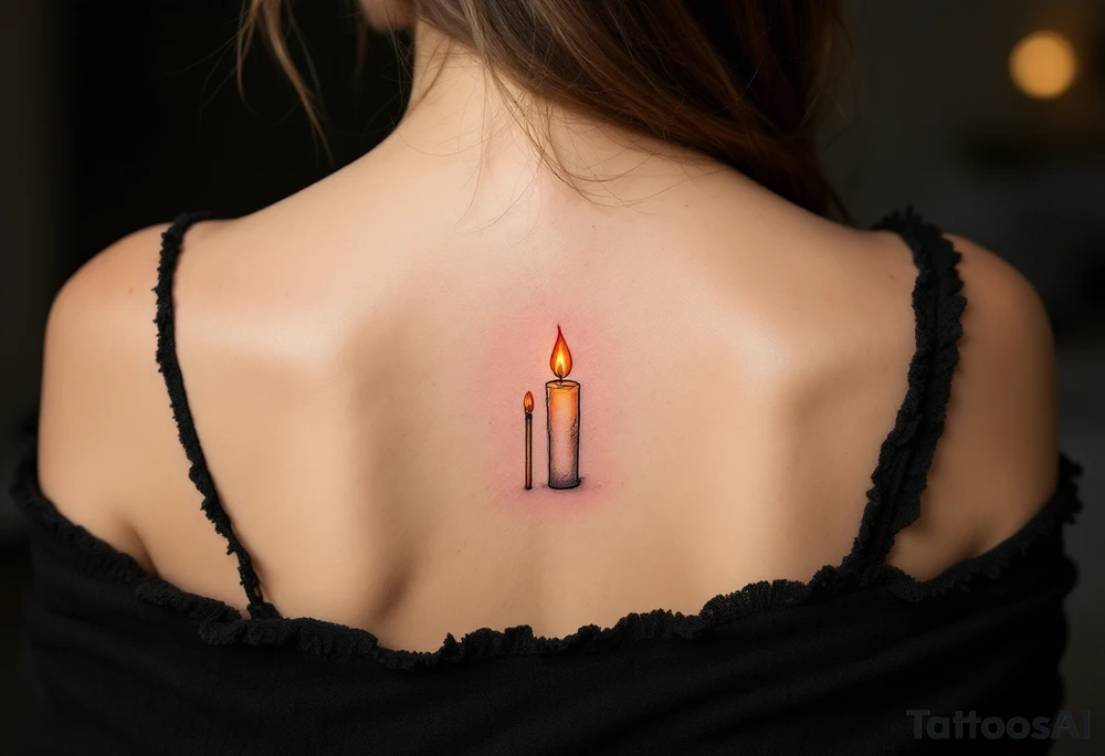 One wears a burning match in red and gold, and the other the lit candle it touches, showing how they ignite each other’s flame. tattoo idea