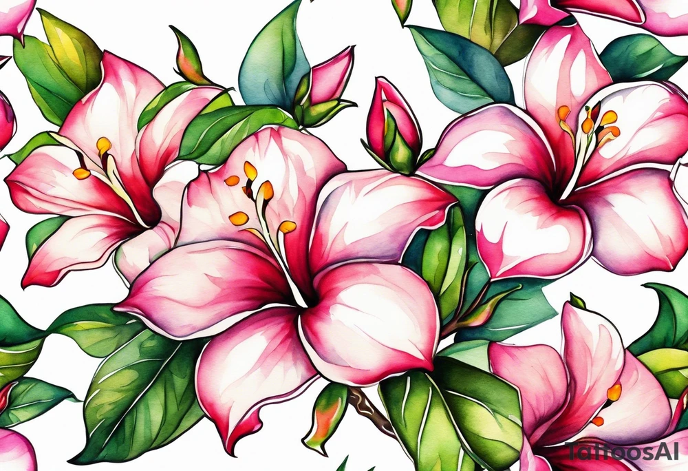 white background, abstract mandevilla flowers on a vine, part of it watercolor, part of it just line work tattoo idea
