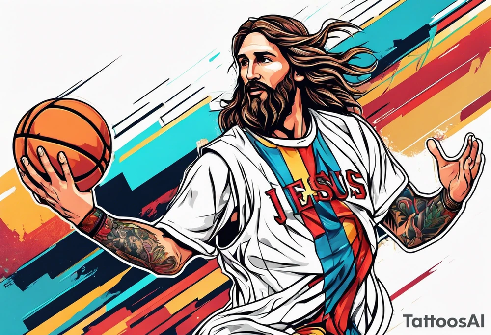 jesus christ playing basketball against messi tattoo idea