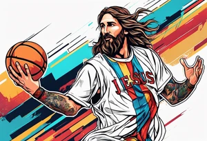 jesus christ playing basketball against messi tattoo idea