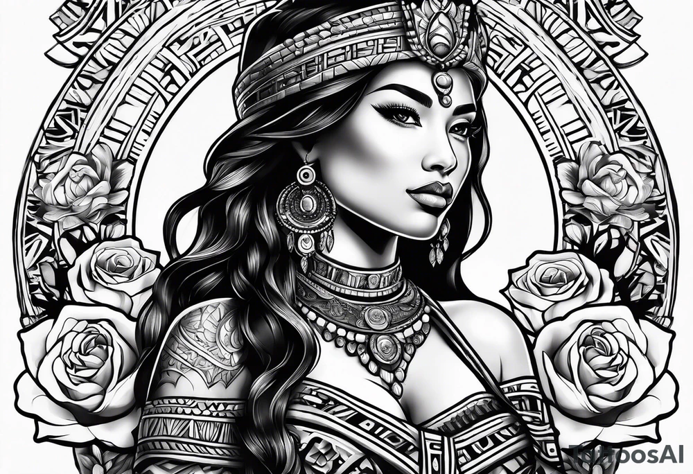 Mayan princess with roses & desert tattoo idea