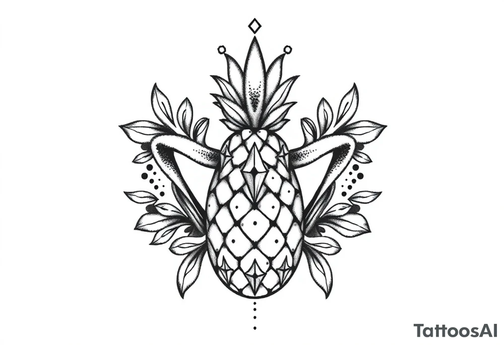 Design around a vagina and anus using a  pineapple with diamonds  and magestic, crown, vagina, anus, pubic tattoo idea