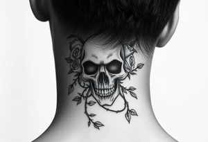 gothic skull intertwined with climbing roses and thorny vines tattoo idea
