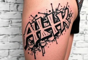 Graffiti style tattoo FULL thigh Using brick wall as a background and then graffiti Over the top, I do not want a lot of color so just primarily black white and gray with a little bit of red tattoo idea