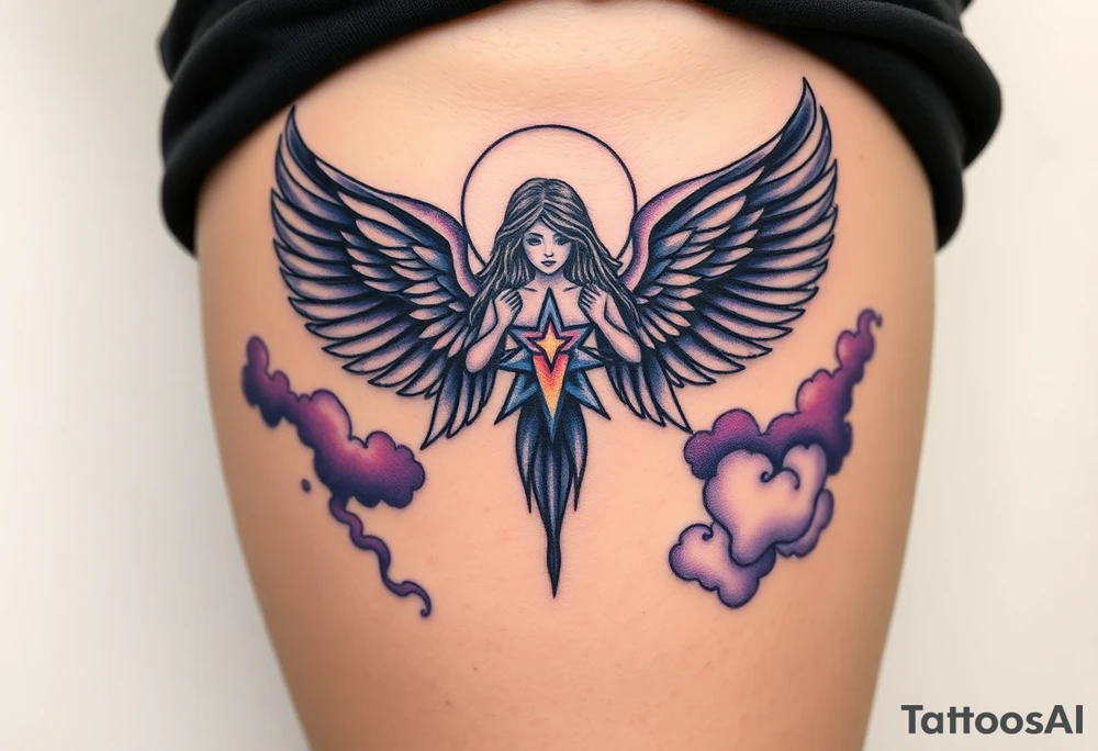 A celestial angel figure  with dark wings and a radiant star in the center of its chest, surrounded by clouds of dark blue and deep purple. tattoo idea