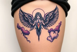 A celestial angel figure  with dark wings and a radiant star in the center of its chest, surrounded by clouds of dark blue and deep purple. tattoo idea