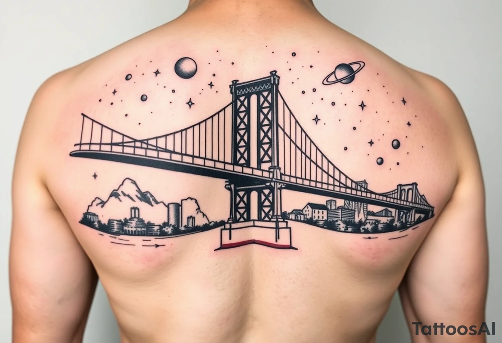Create a tattoo of the brooklyn bridge 
Have space galaxy in the sky with planets and stars add color tattoo idea