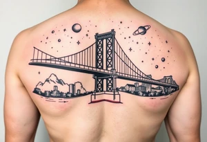 Create a tattoo of the brooklyn bridge 
Have space galaxy in the sky with planets and stars add color tattoo idea