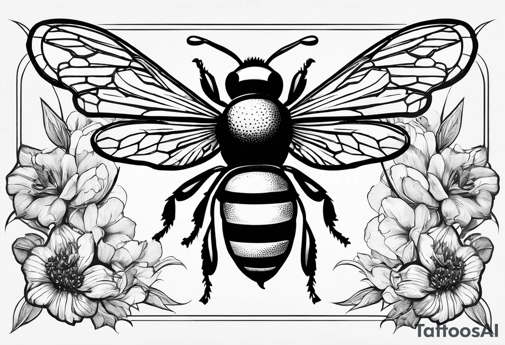 flying bee flying, side view, "10X" text below it, flying bee, bee in flight tattoo idea