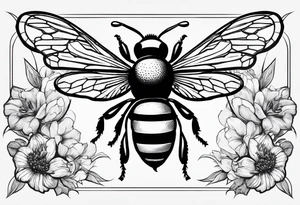 flying bee flying, side view, "10X" text below it, flying bee, bee in flight tattoo idea