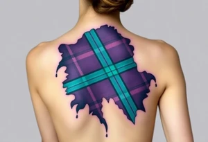 Chest 
Dark Purple with green pink blue and white highlights tartan fabric with skin around edges peeling and wrapping around side of shoulder tattoo idea