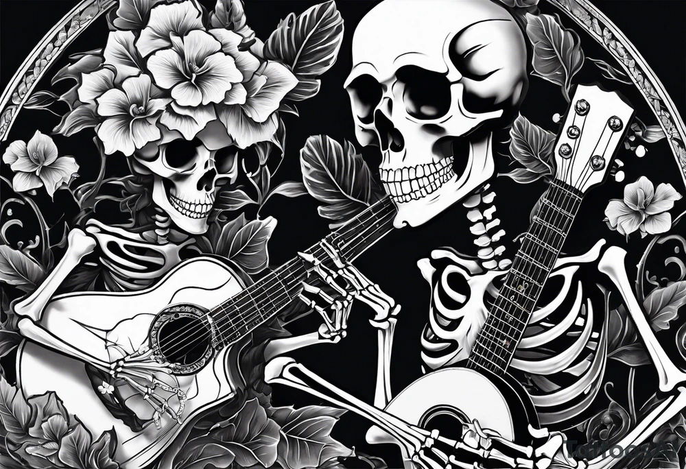 two skeletons. a female skeleton with hibiscus flower listening to a male skeleton play guitar . western style tattoo idea