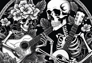 two skeletons. a female skeleton with hibiscus flower listening to a male skeleton play guitar . western style tattoo idea