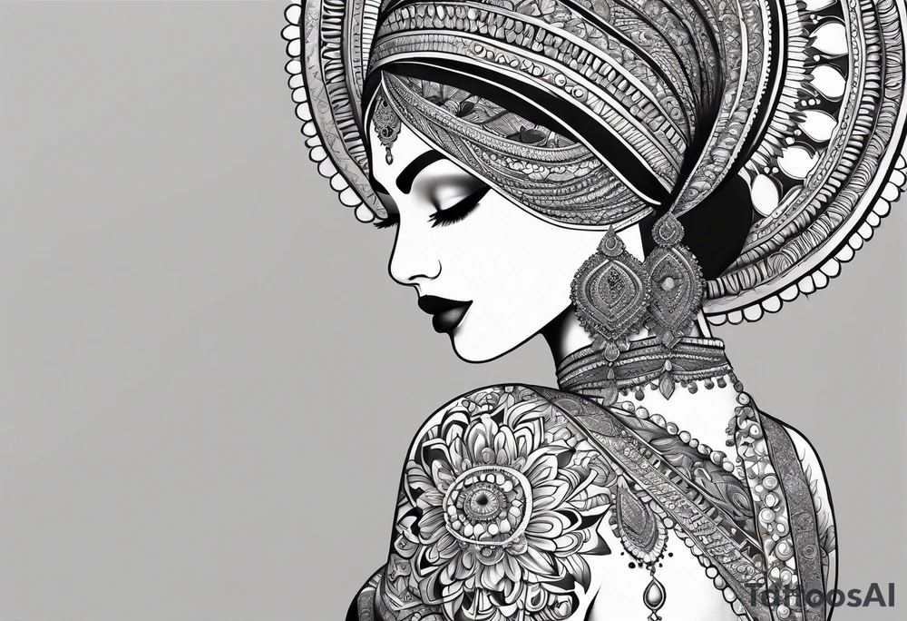 Full sleeve arm mandala henna female tattoo with mushroom henna at shoulder tattoo idea
