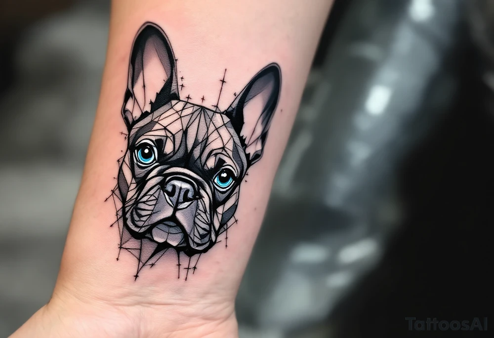 Geometric-style French Bulldog face, composed of sharp black and gray lines with light blue shading in the eyes. tattoo idea