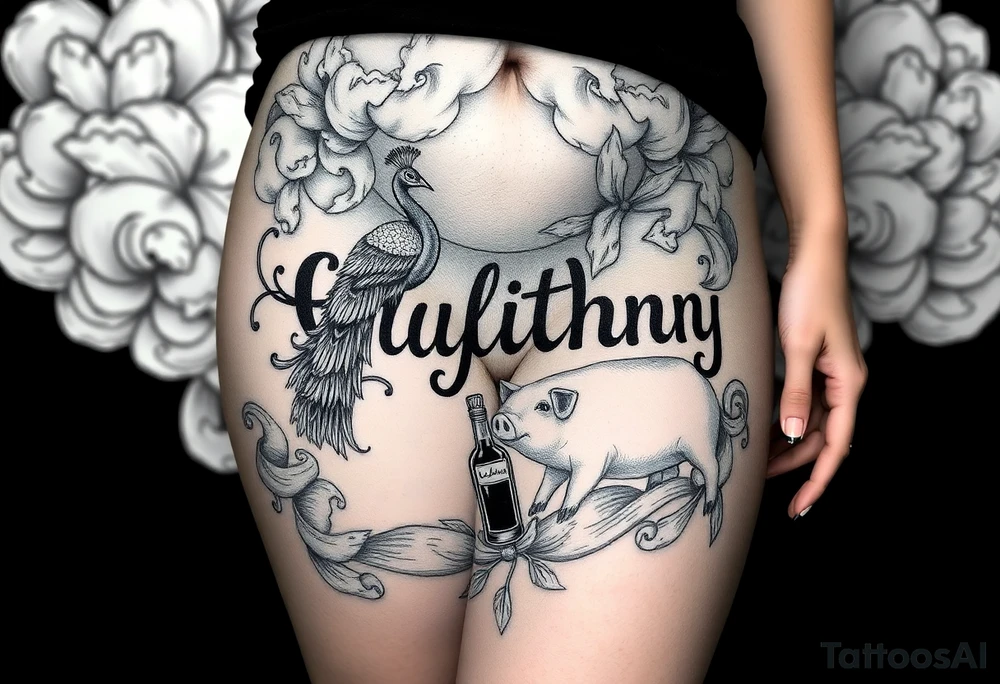 Storm clouds the word gluttony and sexy naked fat woman, peacock, money ,pig  envy, wrath, cigerette, cake, liquor bottle tattoo idea