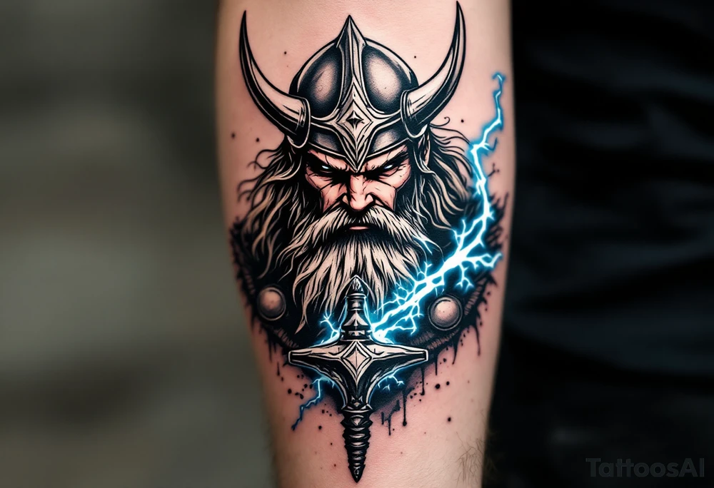 A fierce, bearded Norse Thor in battle, gripping Mjölnir with lightning crackling around him, wearing a detailed Viking helmet, in black and grey realism with electric blue highlights. tattoo idea