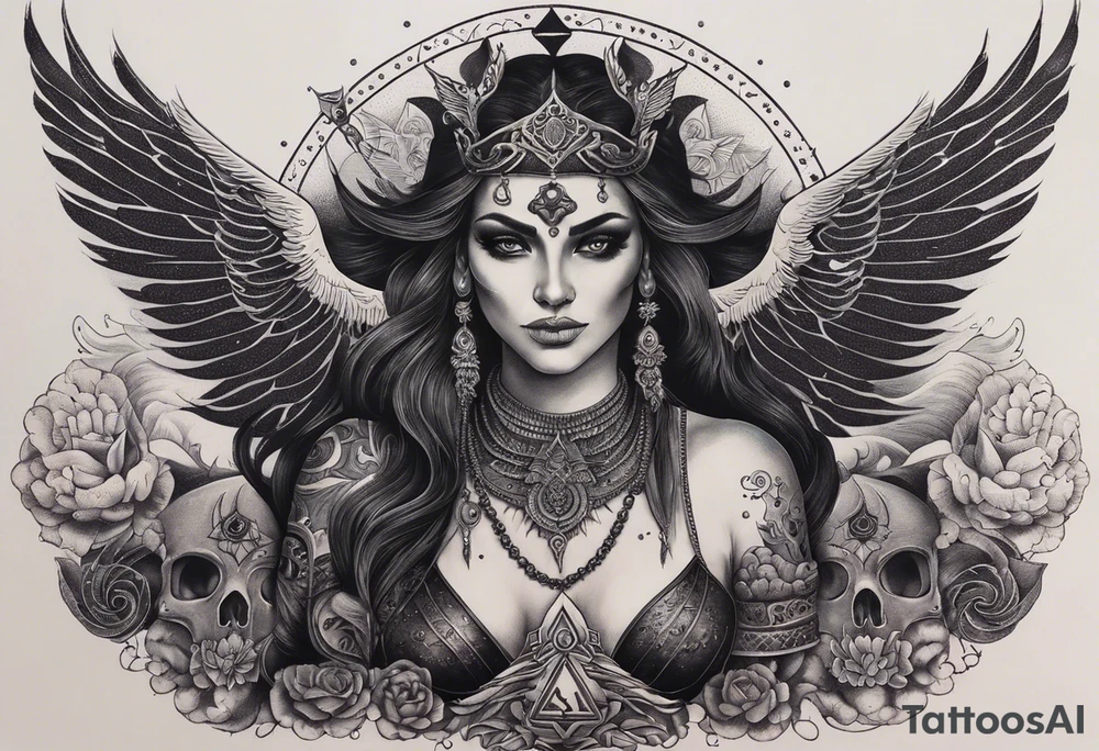 black kali, goddess pirate, alien, angel, pachamama, valkrye, warrior, flying, skull, lotus azul, wing, eagle, zenza resonance, stars, 5D, anahata chakra, death, durga, riding on a tiger, flying lady, chest tatoo tattoo idea
