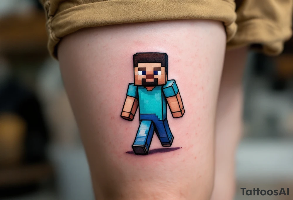 Small Minecraft Steve tattoo more vibrant colors more cartoonish walking straight legs very very small make it pop out more tattoo idea