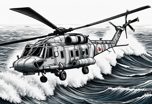 A detailed 4K drawing of a Canadian military grey CH-148 Cyclone helicopter soaring low over rough, ocean waves. T tattoo idea