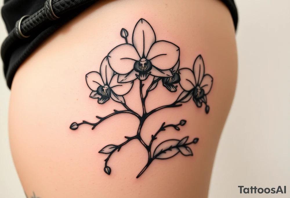 Three fine line orchids different size realistic and a mix of vagina. Are connected with branches tattoo idea