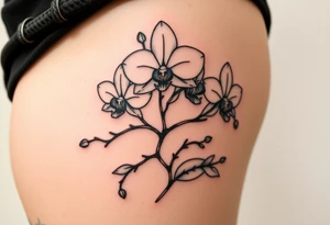 Three fine line orchids different size realistic and a mix of vagina. Are connected with branches tattoo idea