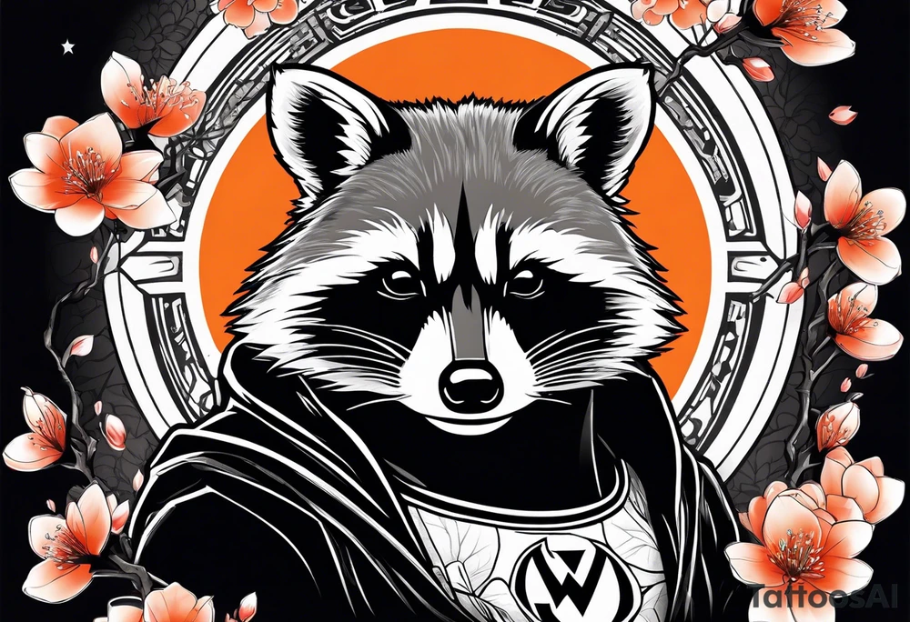Raccoon wearing a white Superman logo on a black hoodie and orange Japanese cherry blossoms tattoo idea