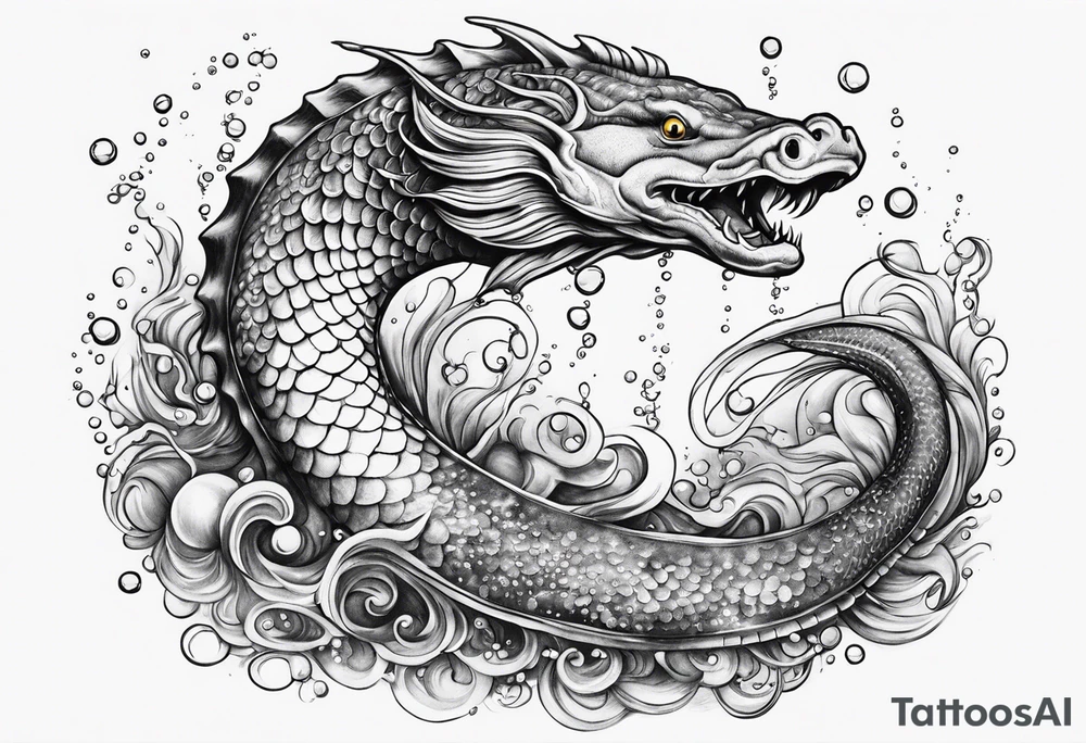 sea serpent underwater with fish and bubbles tattoo idea