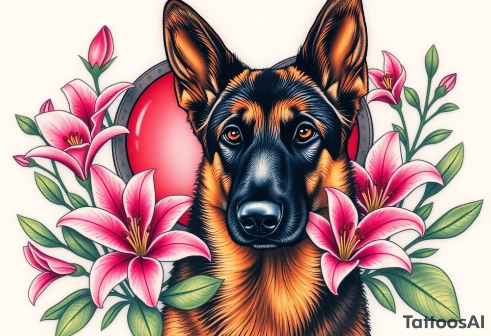 realistic german shepherd with alert ears looking protective surrounded by pink lilies with leaves in front of a sacred heart tattoo idea