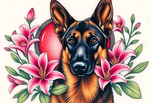 realistic german shepherd with alert ears looking protective surrounded by pink lilies with leaves in front of a sacred heart tattoo idea