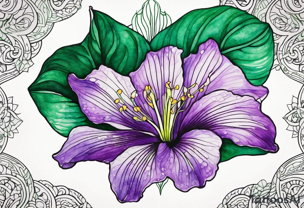 An outline of a rio dipladenia flower with a mystical green/purple watercolor splash in the background tattoo idea