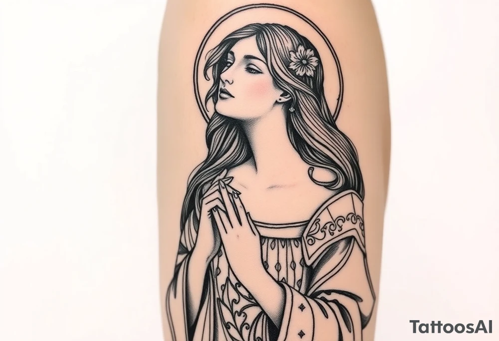 Florence from Florence and the machine as a saint in an art nouveau  style similar to her dance fever album cover art tattoo idea