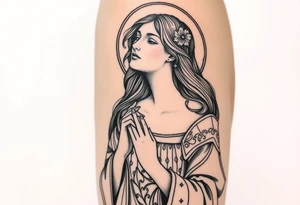 Florence from Florence and the machine as a saint in an art nouveau  style similar to her dance fever album cover art tattoo idea