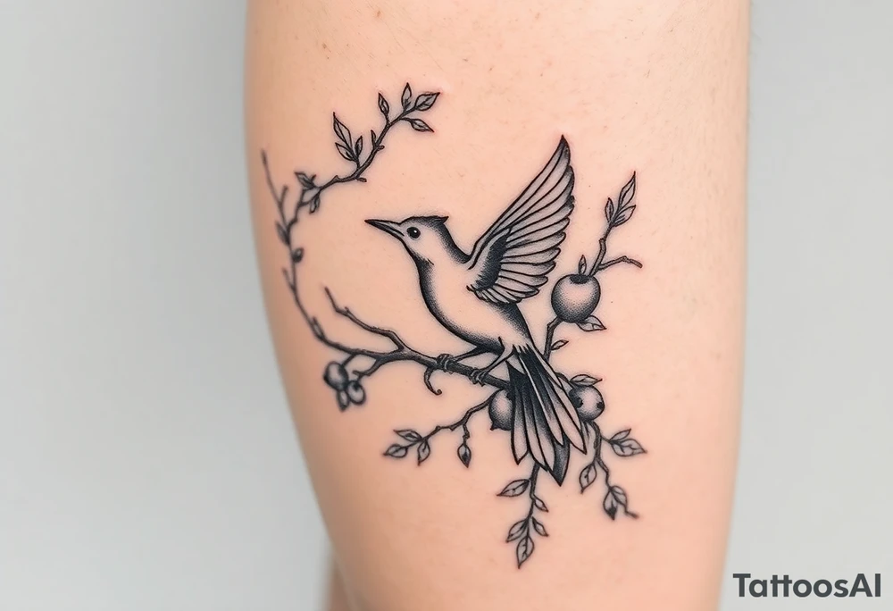 wind up bird in persimmon tree with lots of fruits and branches on calf tattoo idea