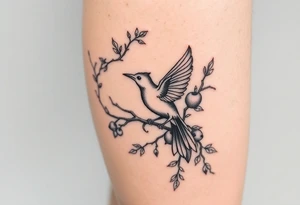 wind up bird in persimmon tree with lots of fruits and branches on calf tattoo idea