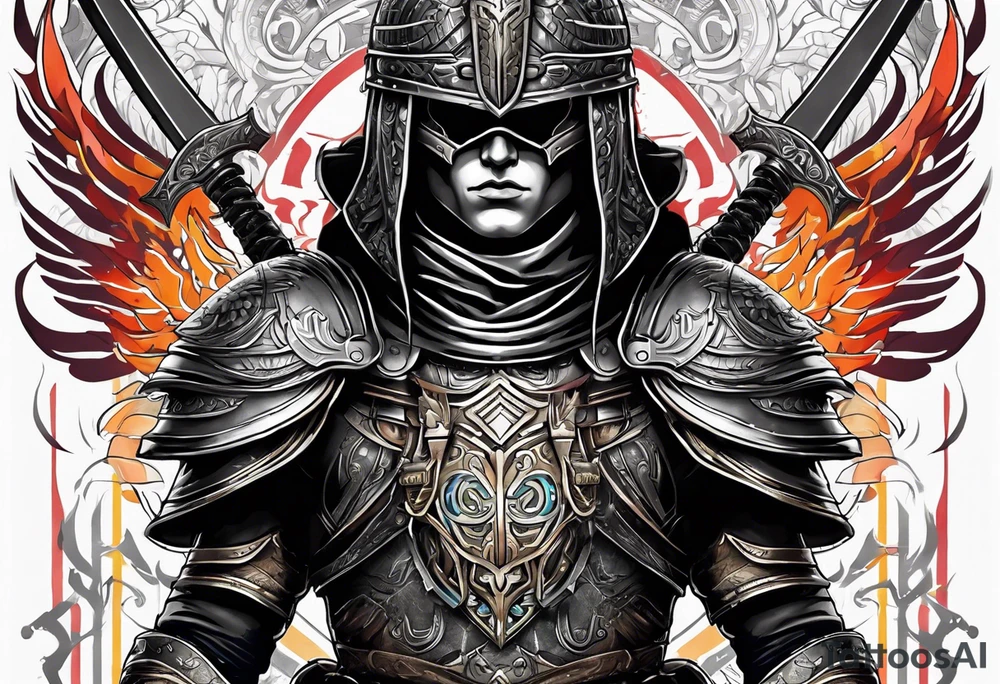 Warrior with helmet facing forward holding two weapons, needs to blend in barcode tattoo on the top tattoo idea