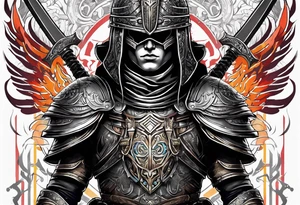 Warrior with helmet facing forward holding two weapons, needs to blend in barcode tattoo on the top tattoo idea
