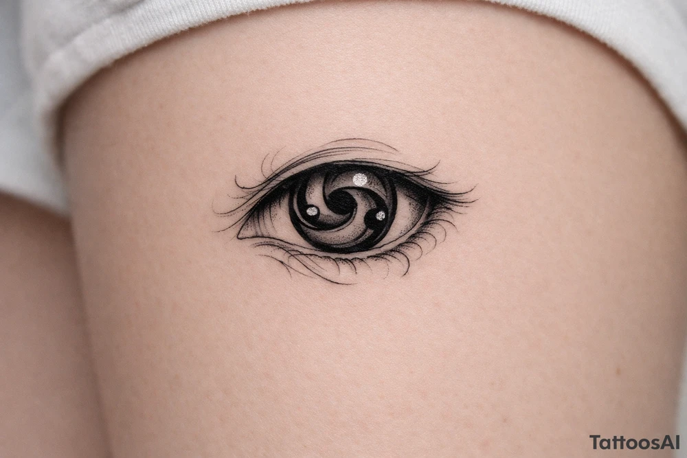 Detailed sharingan eye with swirling tomoe, black ink realism. tattoo idea
