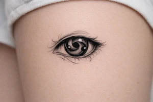 Detailed sharingan eye with swirling tomoe, black ink realism. tattoo idea