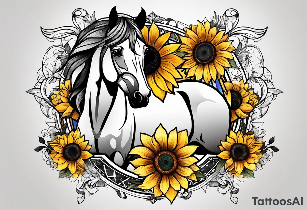 Horse, compass, sunflower tattoo idea