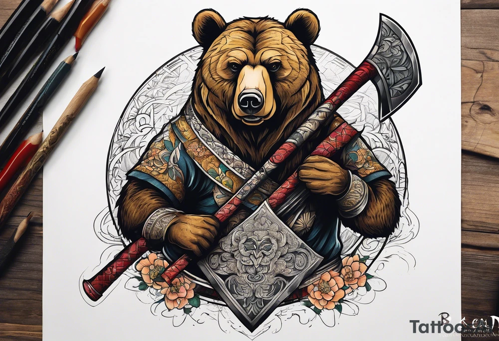 anthropomorphic bear with a two-handed ax tattoo idea